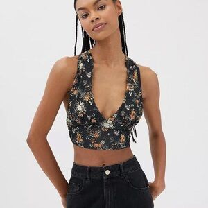 Urban Outfitters Black Floral Crossover Top with Tie - Size Small Side Zipper